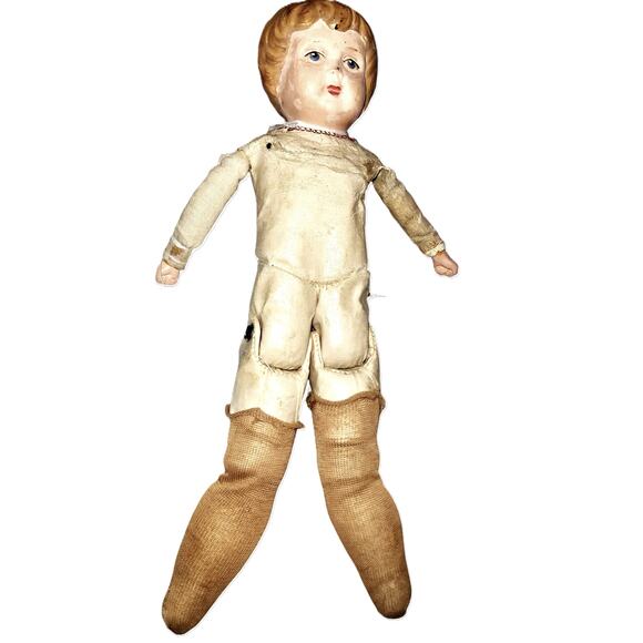 Early 1900s Antique 12” Minerva Tin Head Doll w/Jointed Kid Leather Body German - Picture 2 of 13